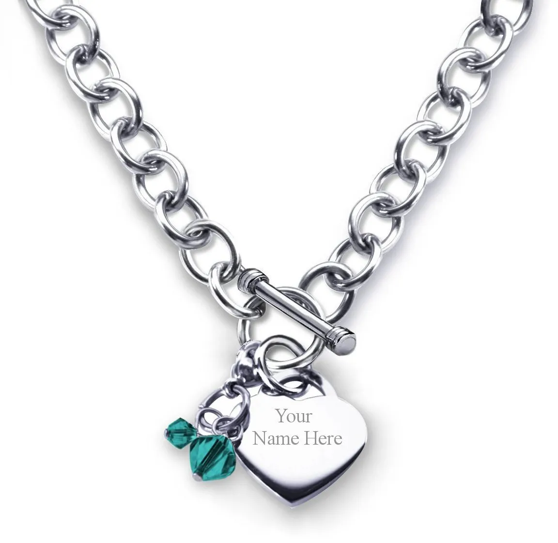 Personalized Heart Charm Necklace with Simulated Birthstone - Customizable, Stainless Steel, 18' Chain