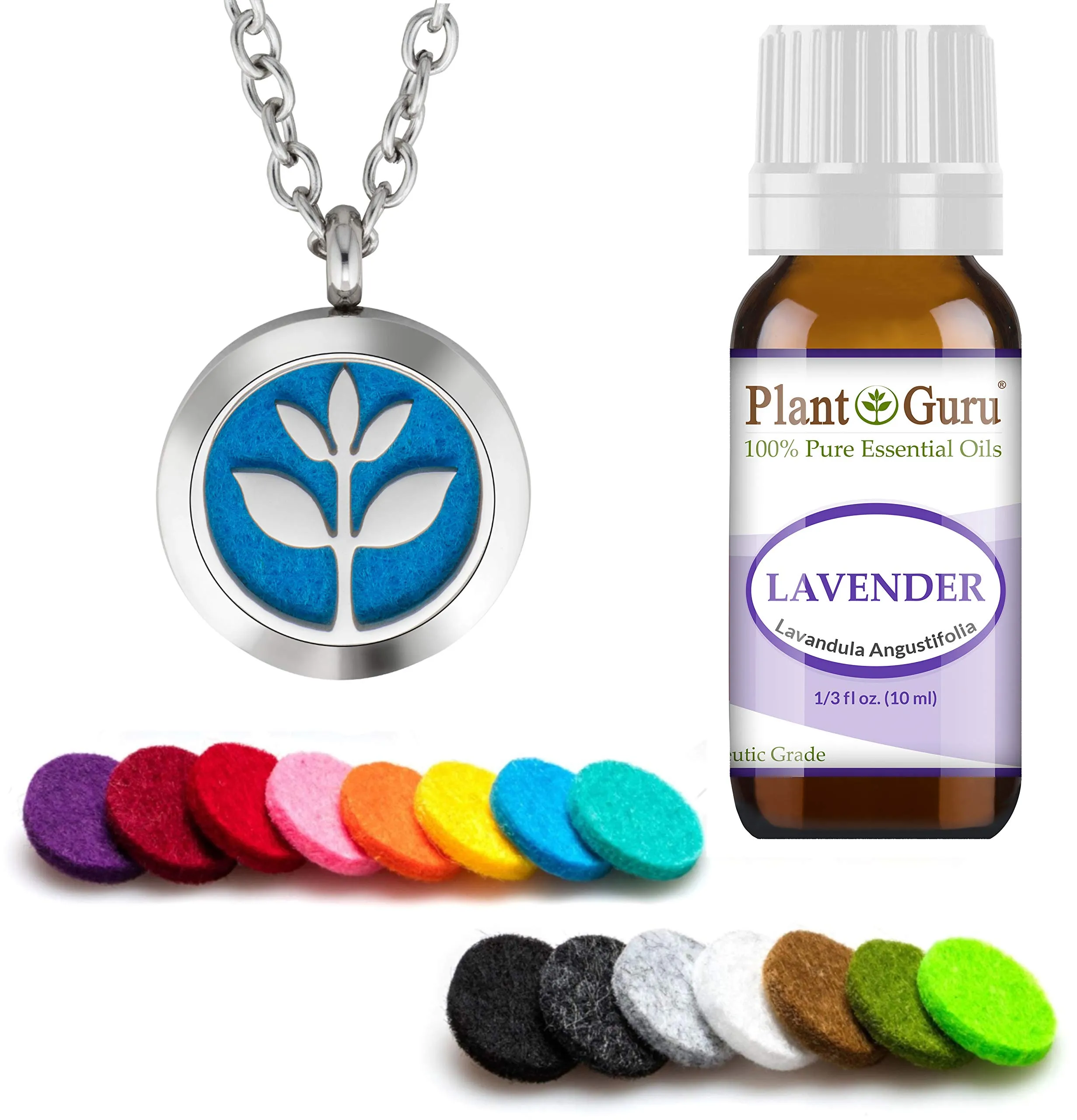 Plant Guru Essential Oil Diffuser Necklace Set with Lavender 10ml & 15 Refill Pads