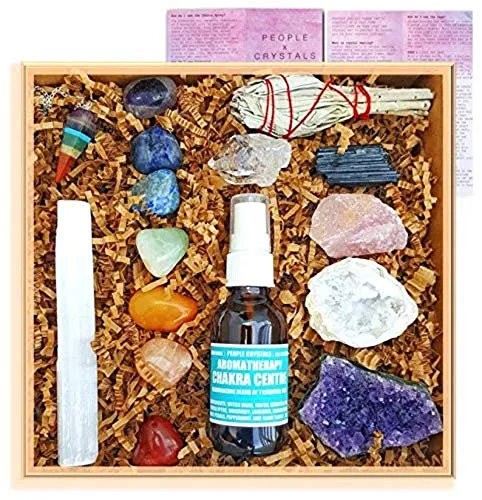 Premium Healing Crystals Gift Set with 7 Chakra Tumbles, Amethyst Cluster & Crystal Pendulum