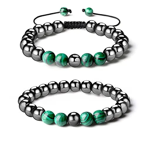 QINJIEJIE Hematite Therapy Bracelet Set with Synthetic Turquoise, Malachite, and Tiger's Eye Stone