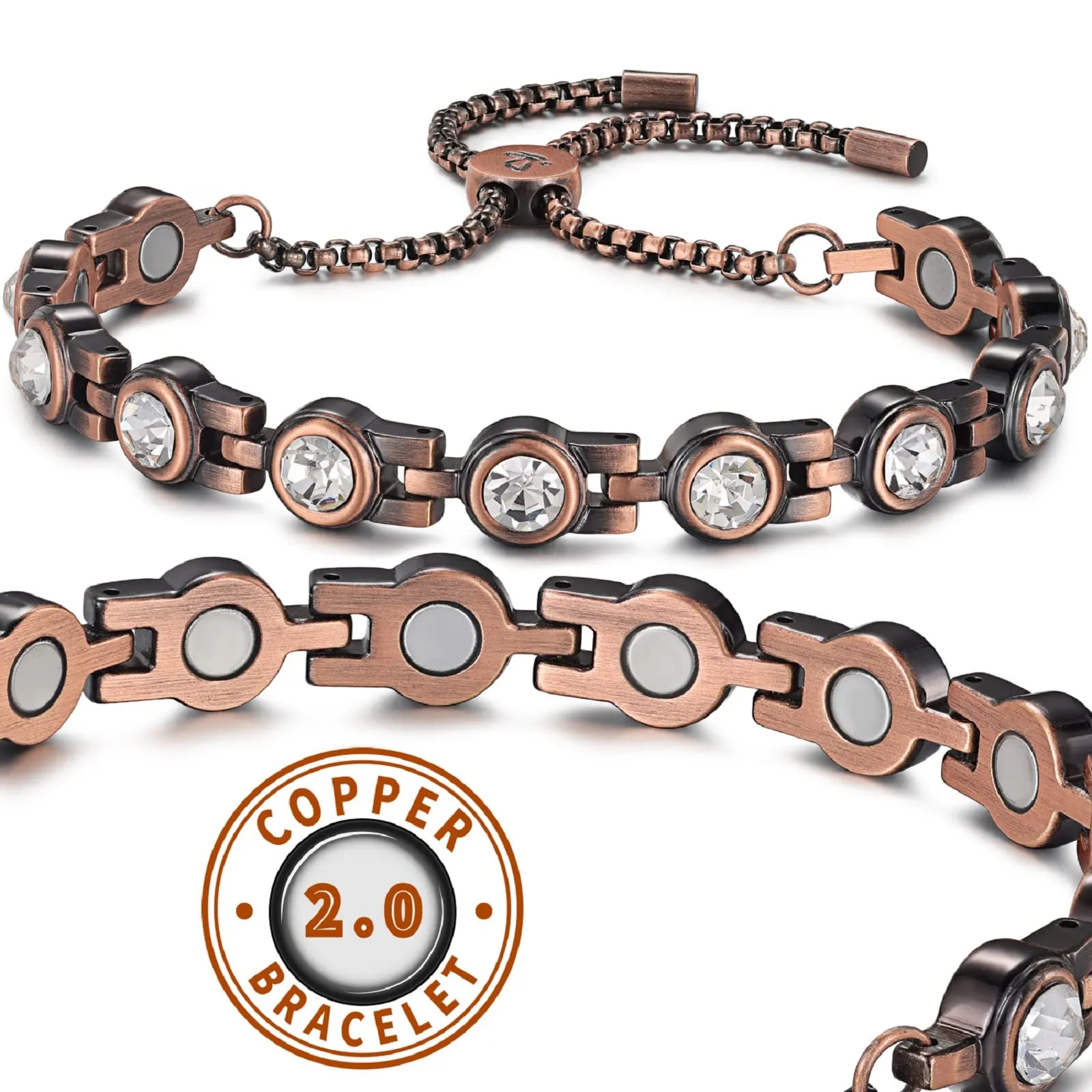 RainSo Adjustable Women’s Pure Copper Magnetic Bracelet with White Crystal – Premium Quality