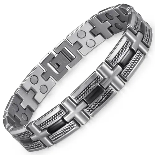 RainSo Men's Adjustable Magnetic Bracelet Stainless Steel Silver Black Gift Box Included