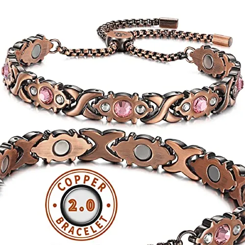 RainSo Women Pure Copper Magnetic Bracelet Adjustable Pink Crystal with Display Box