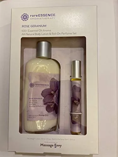 Rare ESSENCE Aromatherapy Rose Geranium Essential Oil Body Lotion & Roll-On Perfume Set