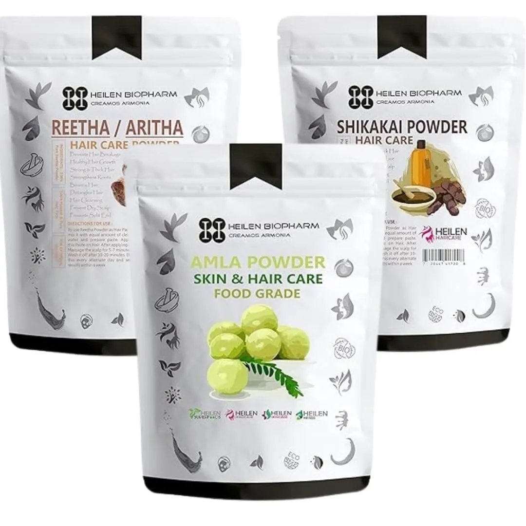 Reetha, Amla & Shikakai Powder Combo - 7.05oz Each - Natural Hair Care Essentials