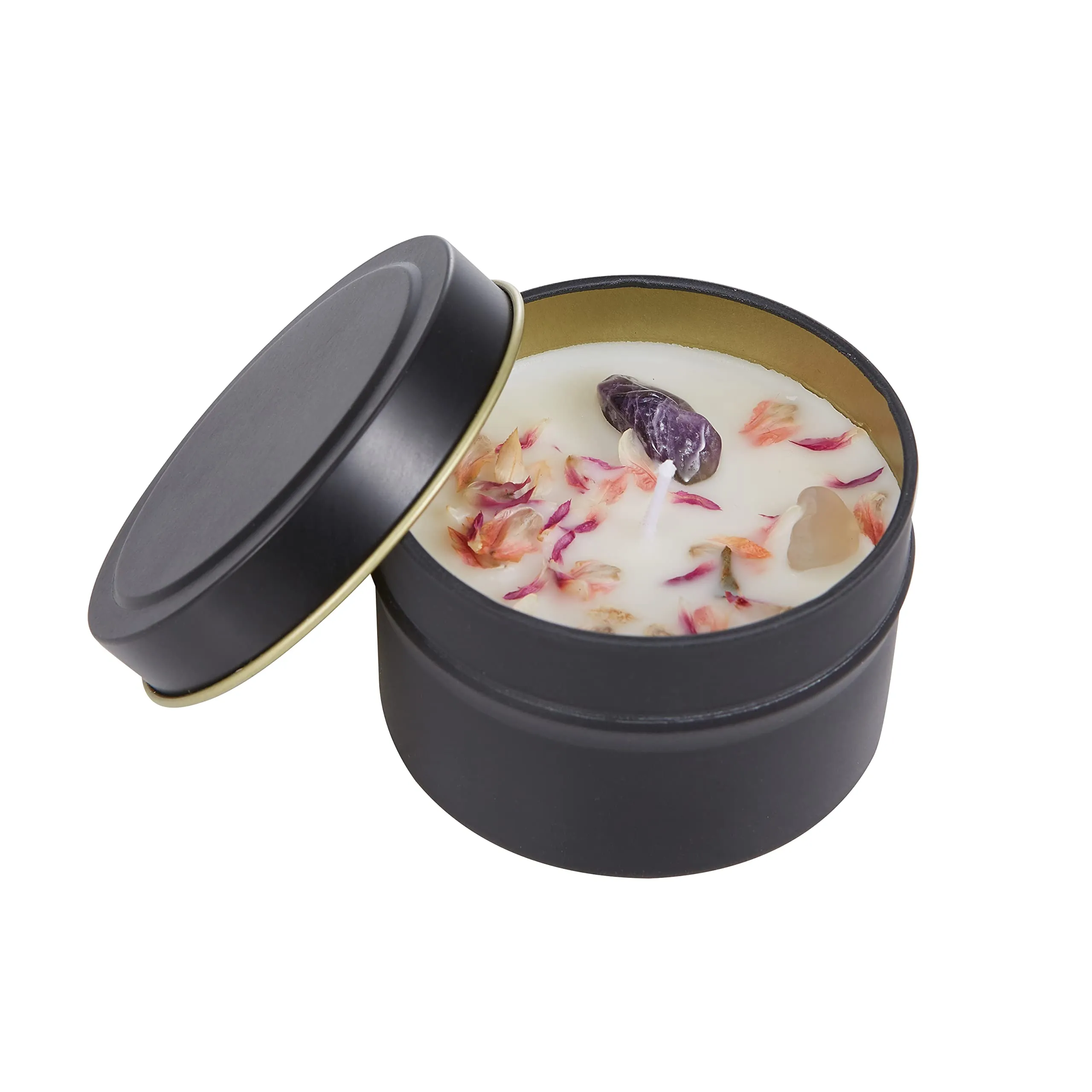 Relaxing Romantic Tin Candle with Crystal, Petals, Essential Oils of Sage, Lavender, Oud