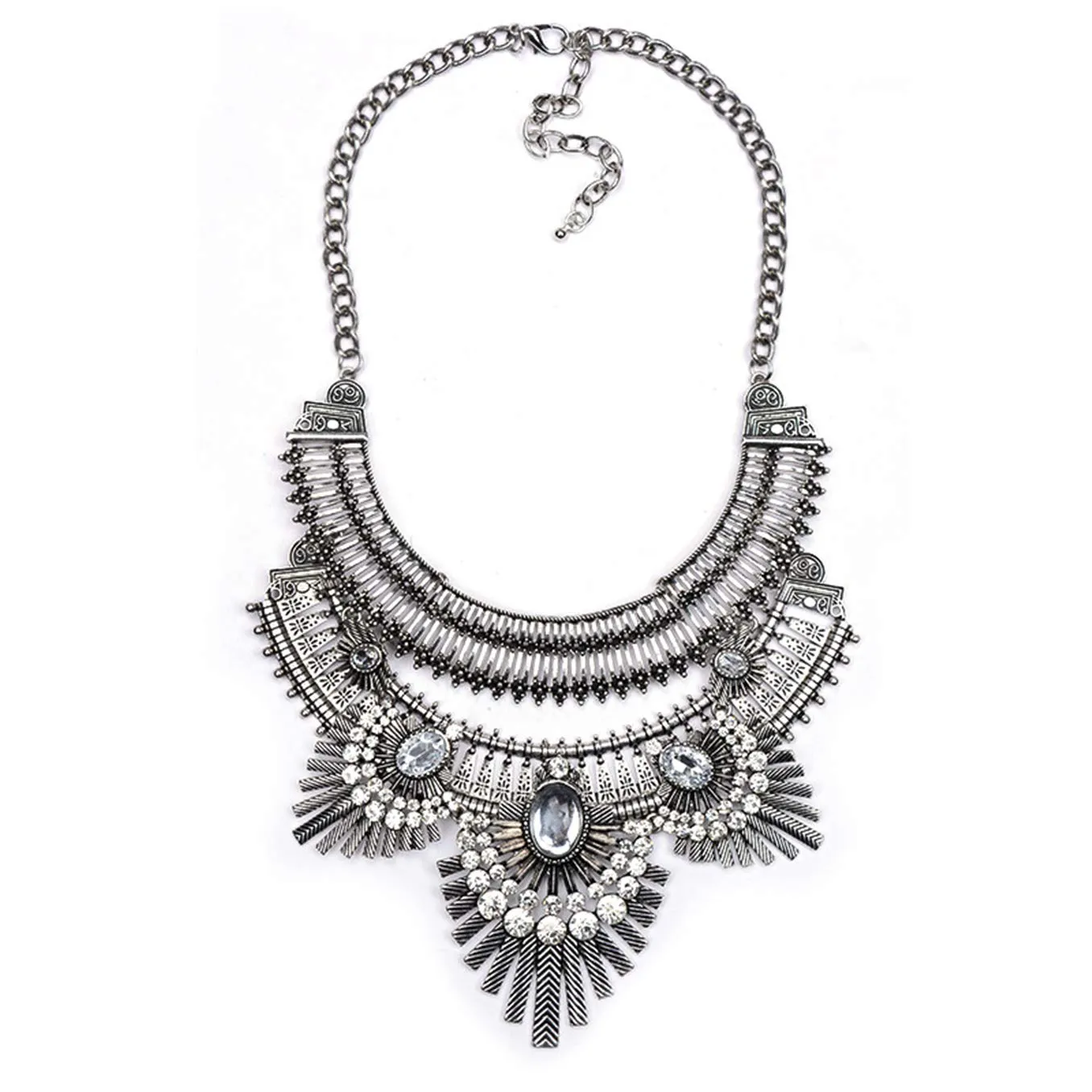 Retro Bohemian Gypsy Tribal Statement Necklace in Silver and Black for Women