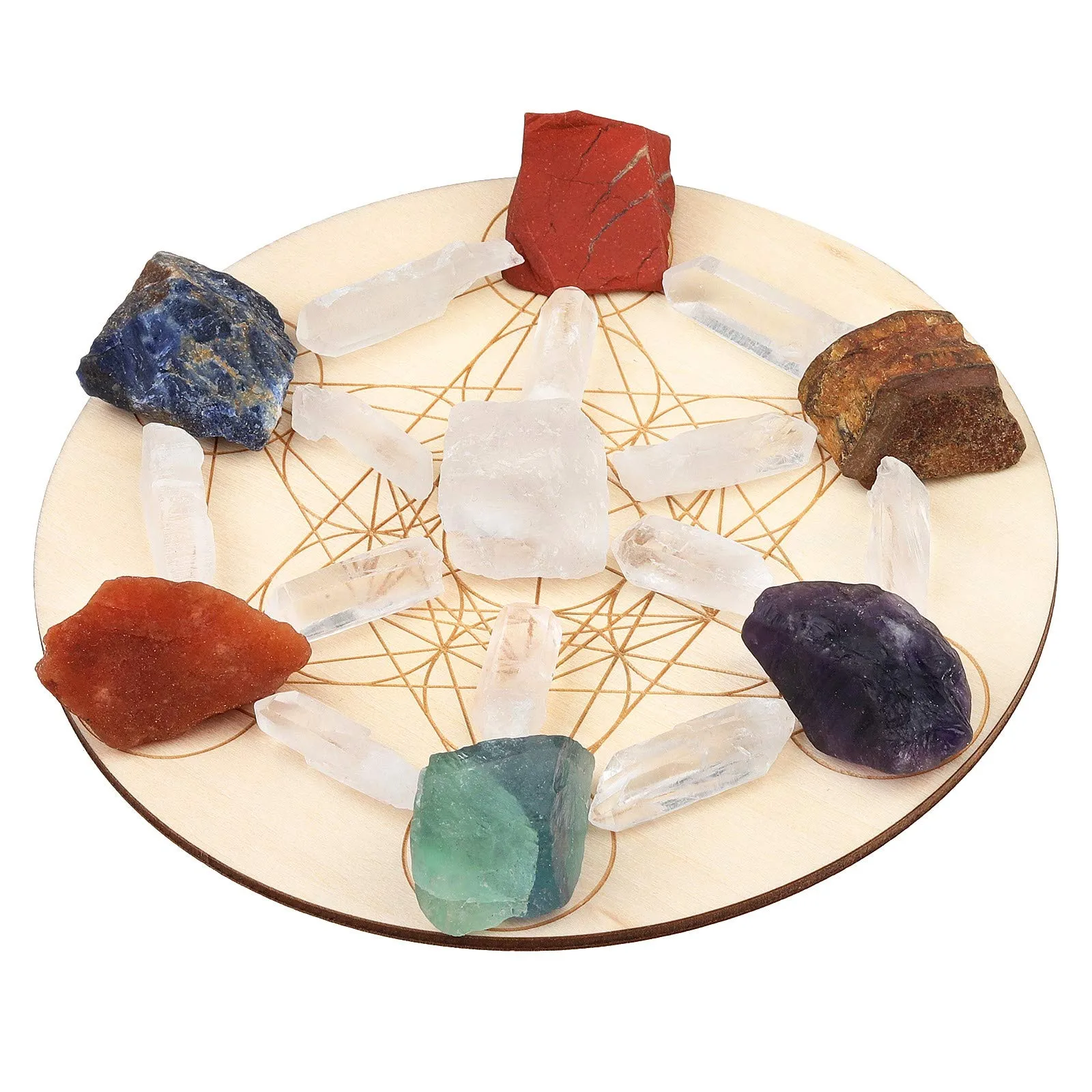 Rockcloud Chakra Therapy Starter Collection 20 Pcs Healing Crystals Kit with Metatron's Cube