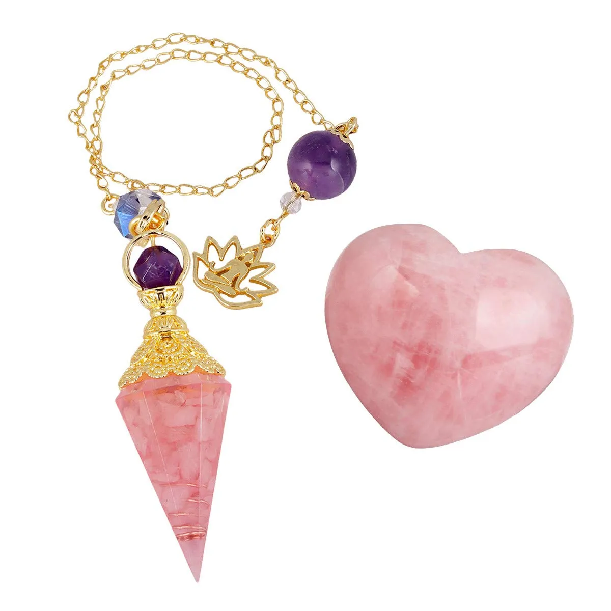 Rockcloud Healing Crystal Point Pendulum & Rose Quartz Heart Love Worry Stone Set