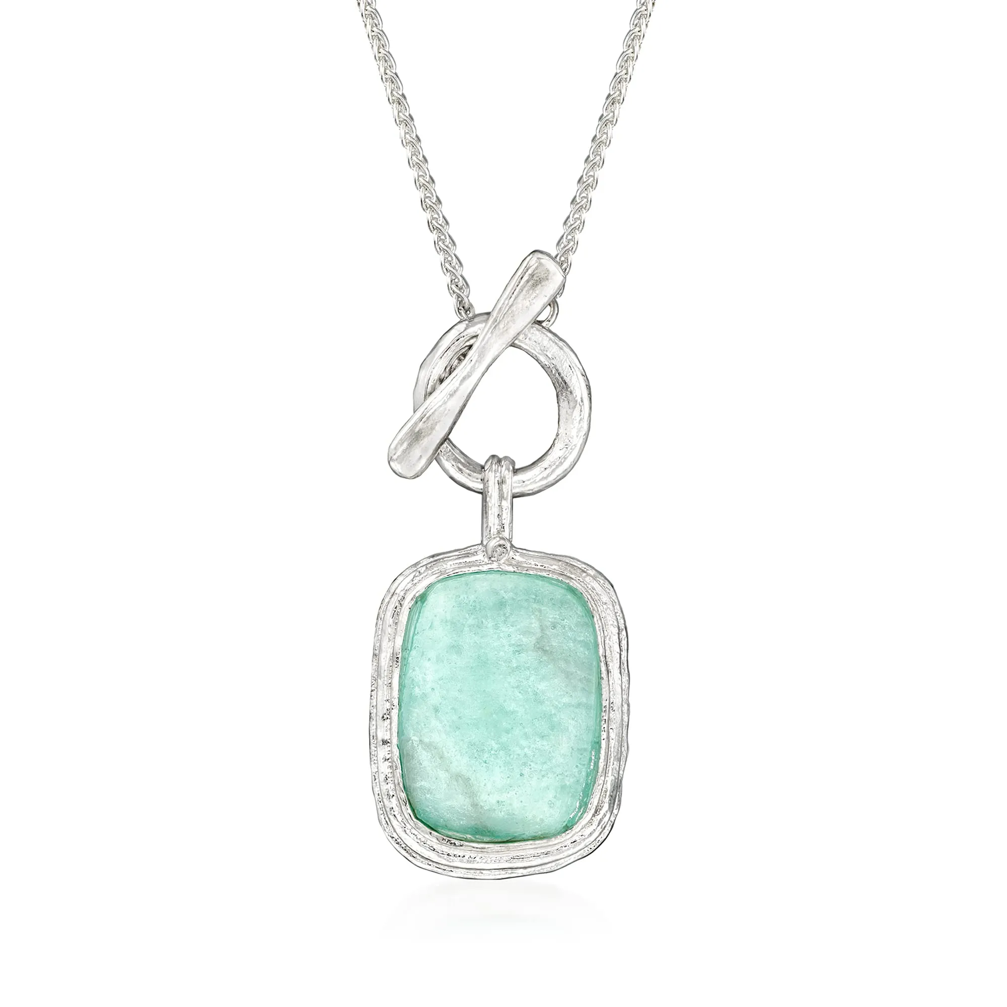 Roman Glass Toggle Necklace in Sterling Silver with Textured Design and Wheat Chain