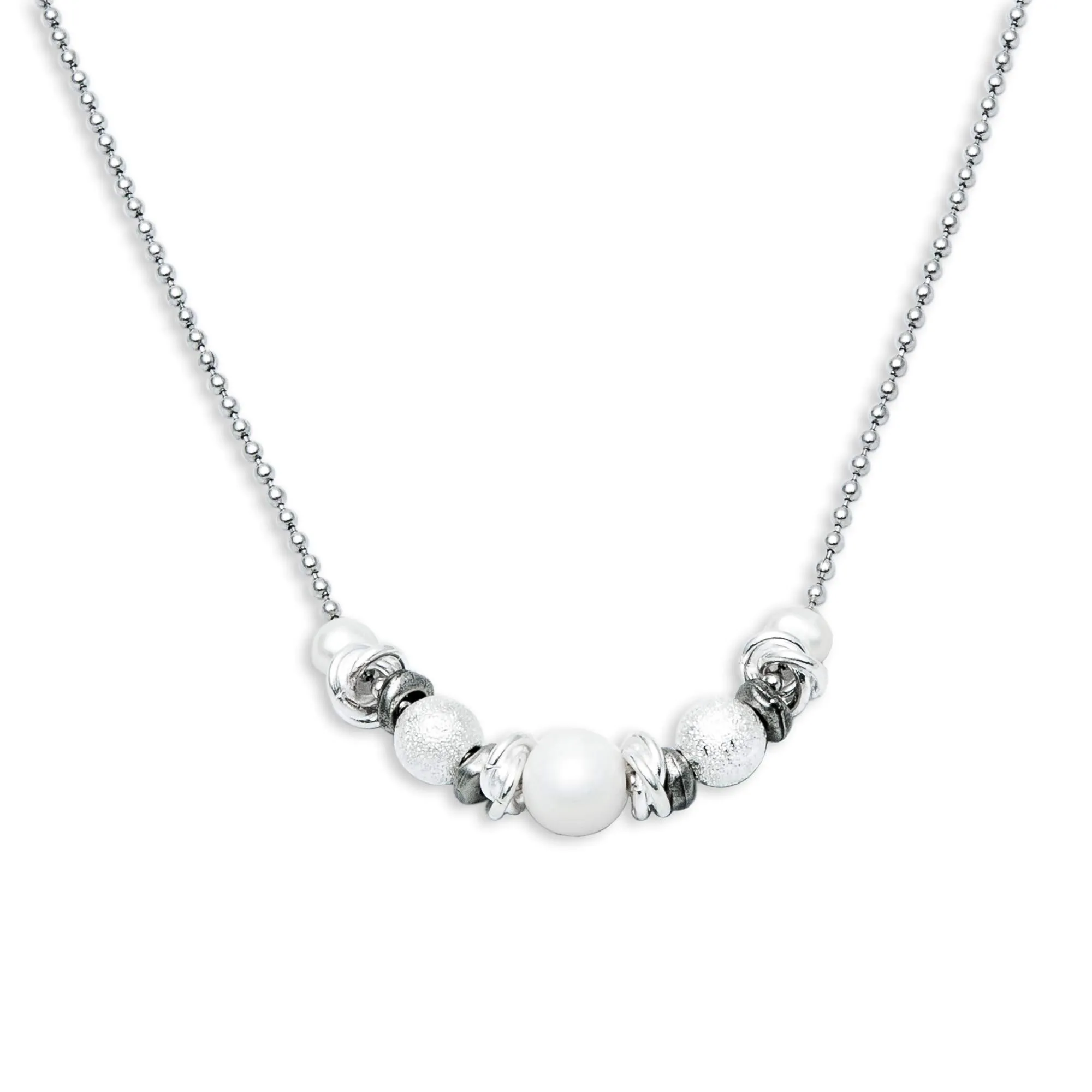 Rosemary Pearl Necklace with Stainless Steel Chain & Silver Beads - Adjustable 18-28'