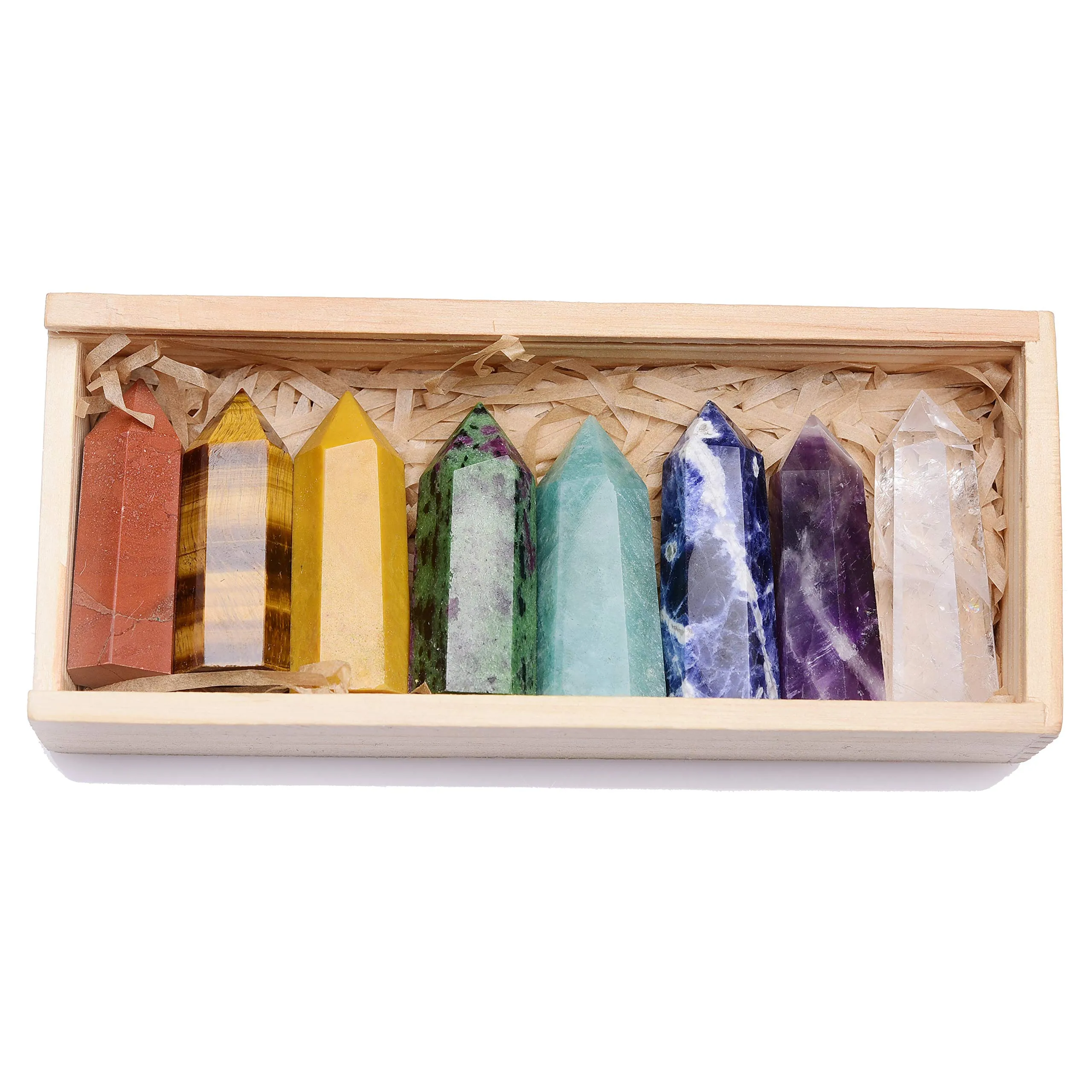 Runyangshi 8pcs Natural Crystal Healing Tower Gift Set, 1.6'-2' Chakra Crystal Prism Wand