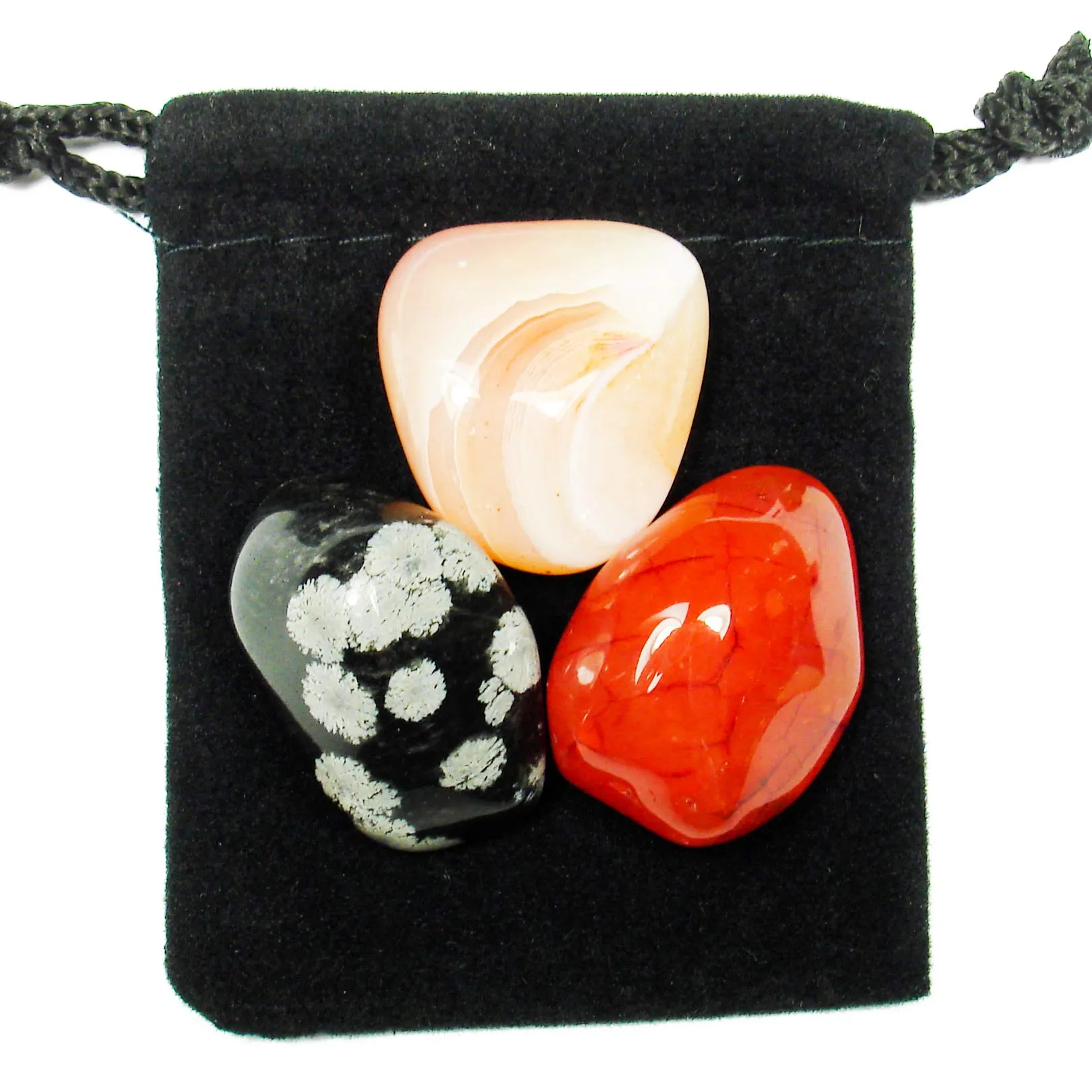 Sacral Chakra Tumbled Crystal Healing Set - Agate, Carnelian, Snowflake Obsidian with Pouch