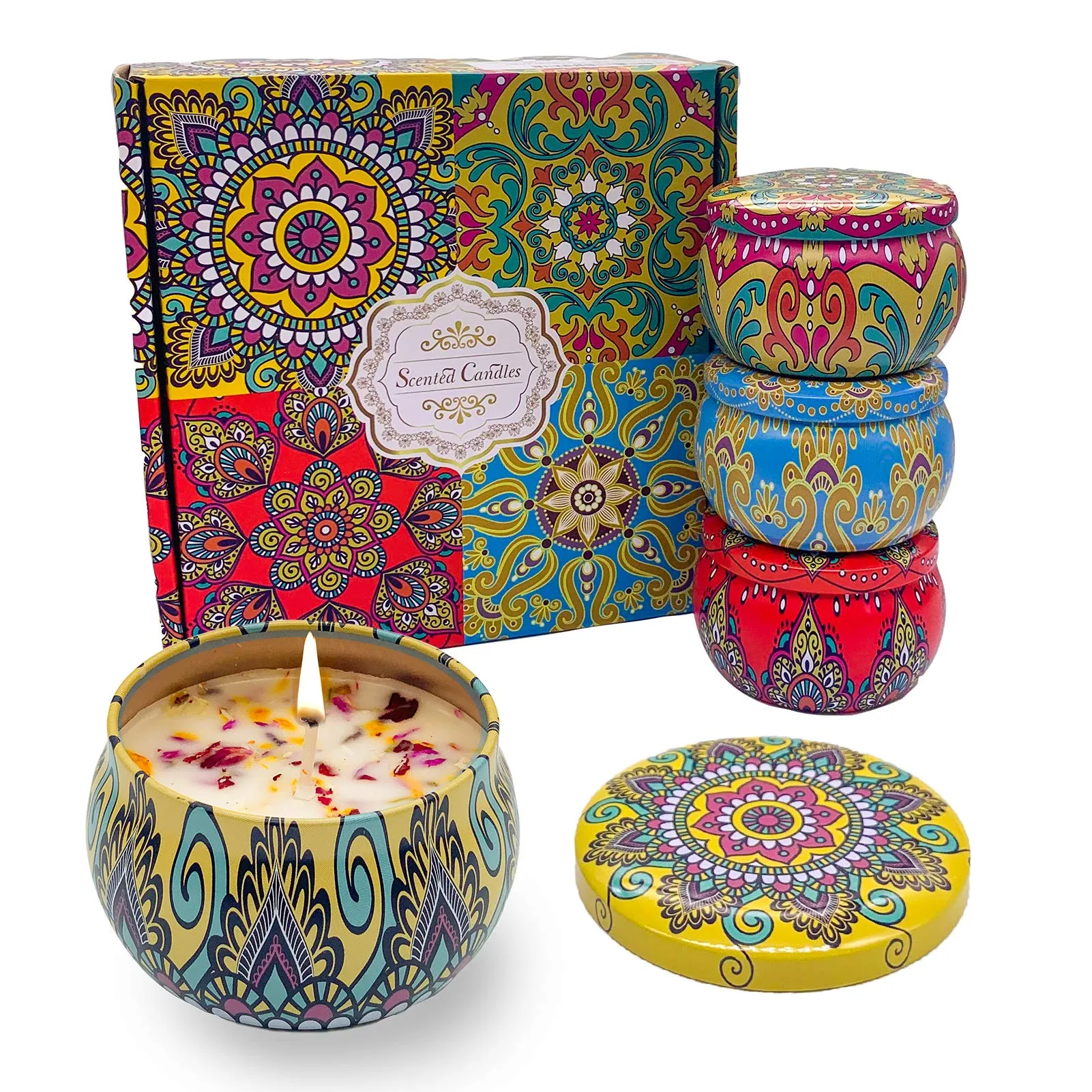 Scented Candles Gift Set - 4 Natural Soybean Aromatherapy Travel Tins (Lemon/Rose/Orange/Lavender)