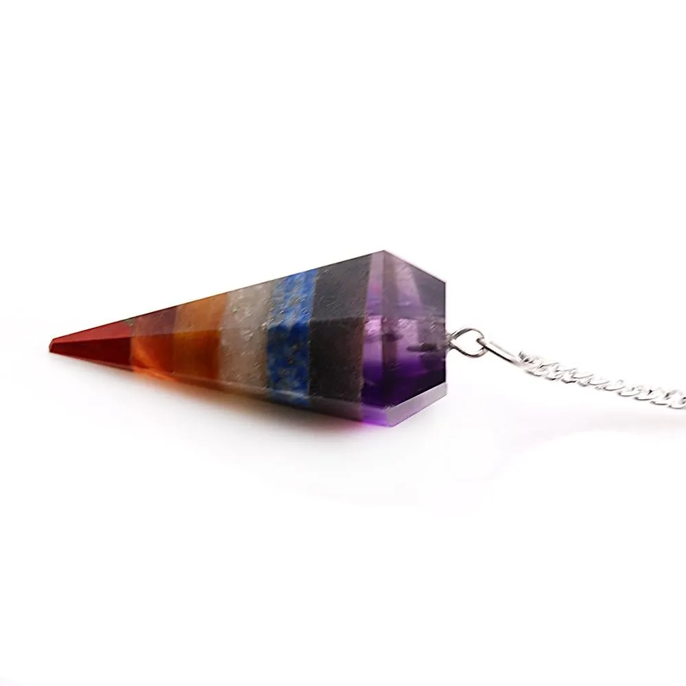 Seven Chakra Crystal Pendulum with Silver Chain - Natural Gemstone Dowsing Pendant 44x16mm