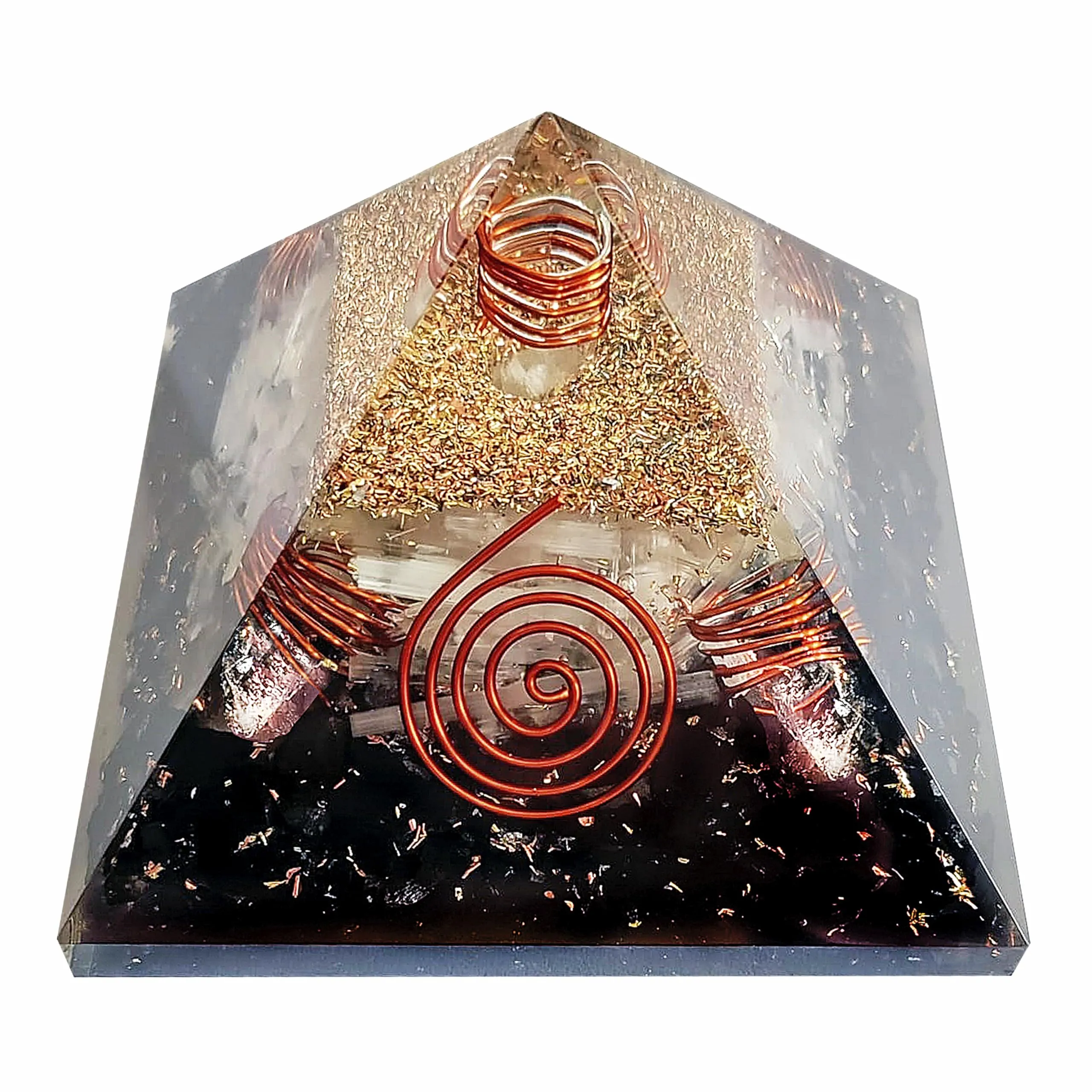 Shungite Selenite Orgonite Pyramid with Copper-Wrapped Quartz for Negative Energy Protection