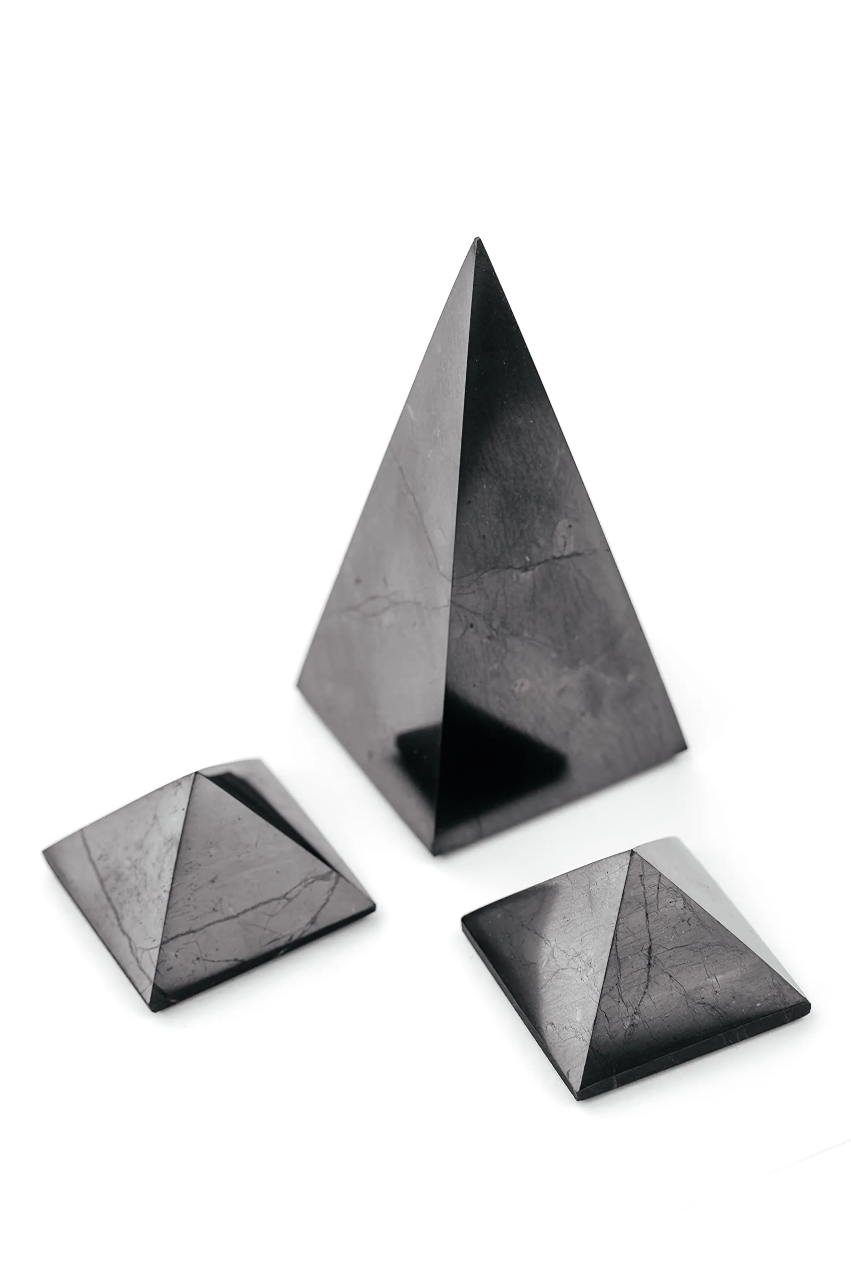 Shungite Stones Pyramids Set of 3 - EMF Protection, Meditation & Chakra Balancing Crystals