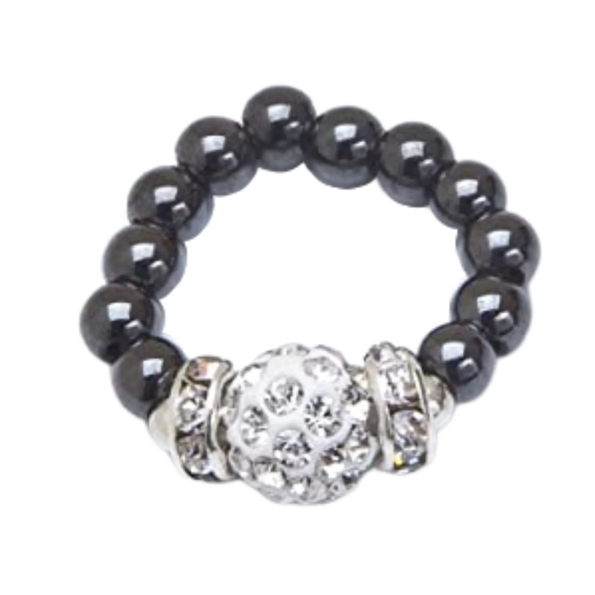 Silver Crystal Shamballa Magnetic Hematite Stretch Wellness Ring - Size Medium