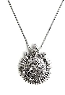 Silver Plated Oxidised Metal Antique Boho Ganesha Sundial Pendant Necklace for Women