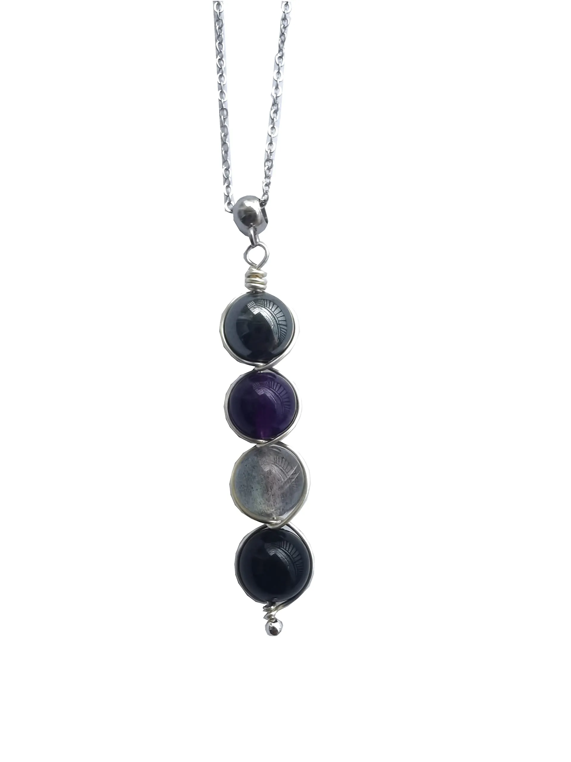 Silvertone Negative Energy Protection Crystal Necklace - Amethyst, Black Tourmaline, Hematite, Labradorite