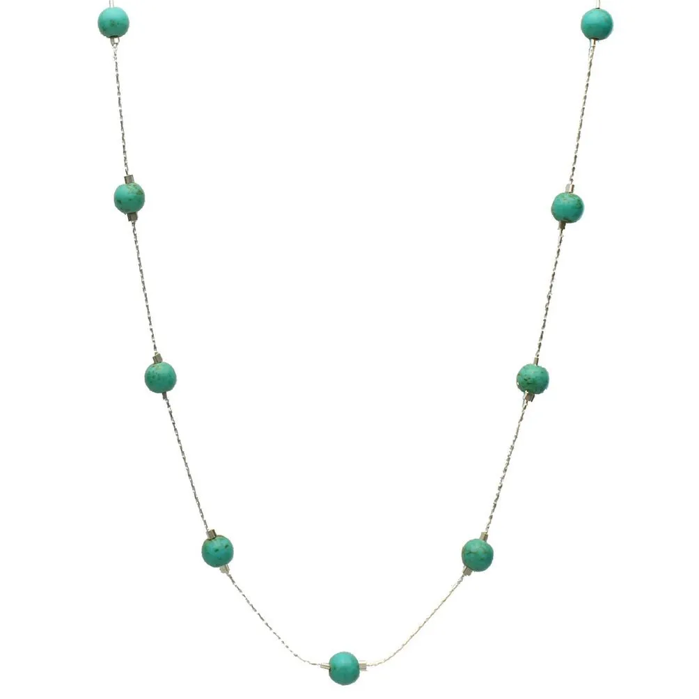 Simulated Turquoise Stone Illusion Necklace 16' - Sterling Silver Chain with Lobster Clasp