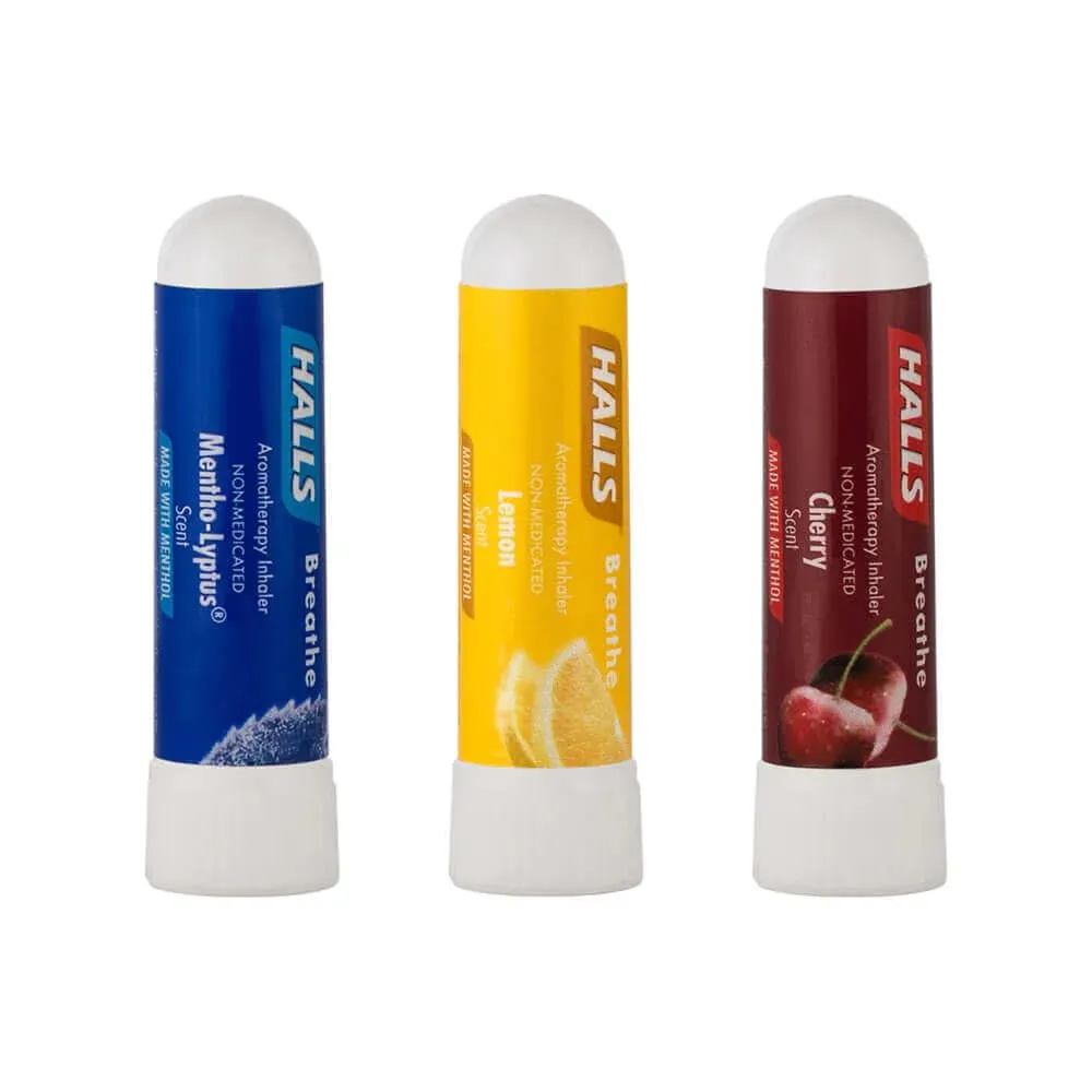 SpaRoom HALLS Breathe Menthol Aromatherapy Nasal Inhaler 3 Pack - Cherry, Lemon, Mentho-Lyptus