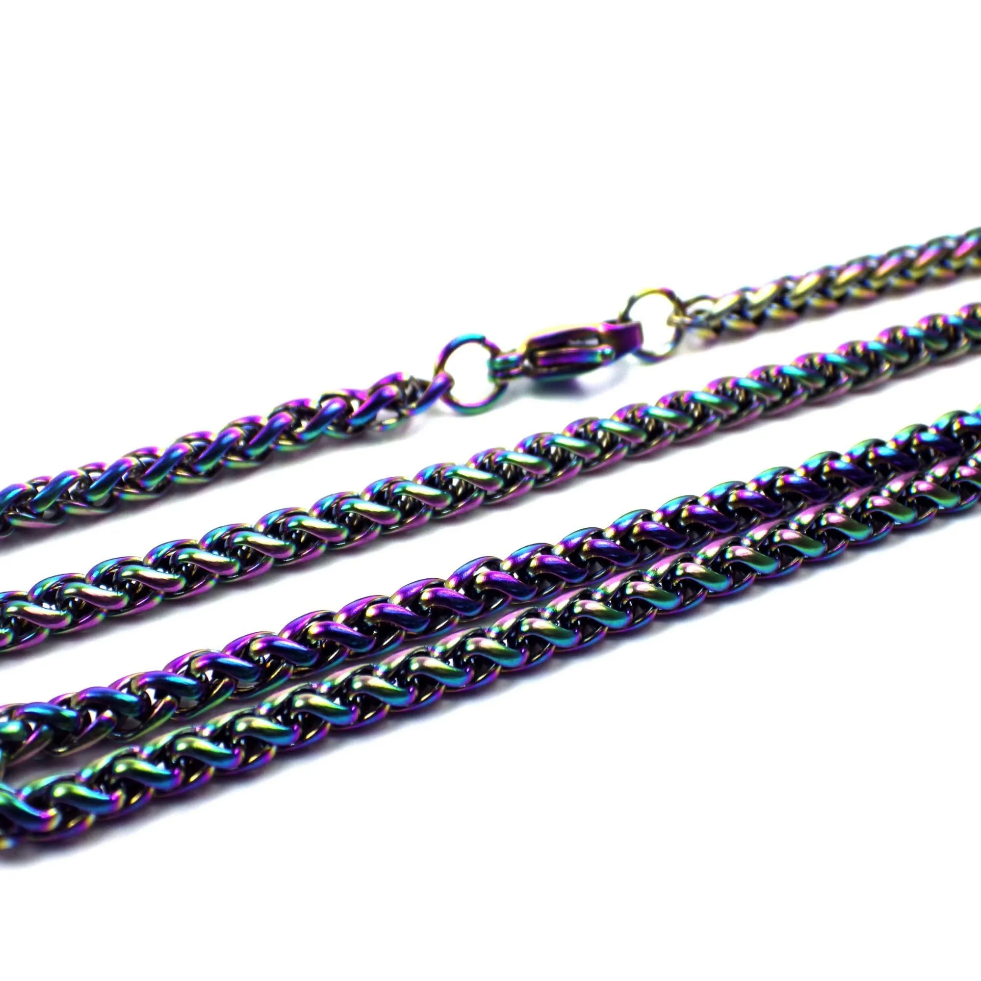 Spiga Wheat Chain Necklace Rainbow Stainless Steel 3mm 16-36-Inch for Men & Women