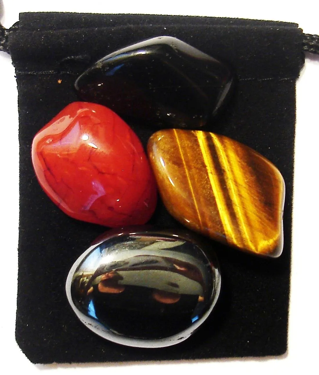 SPINAL TREATMENT Crystal Healing Set - Carnelian, Hematite, Tiger's Eye, Tourmaline, Pouch