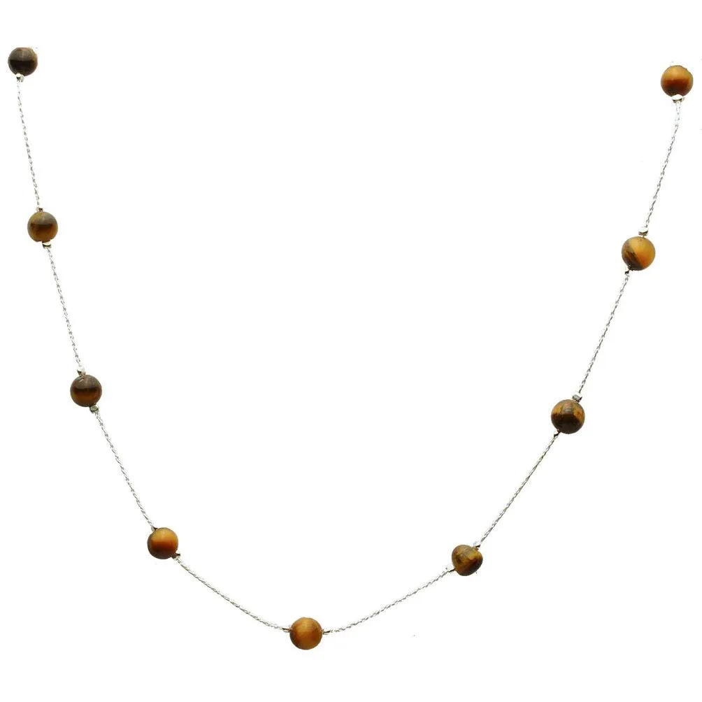 Sterling Silver 6mm Tiger Eye Beads Station Chain Necklace, Adjustable Length, Italian Craftsmanship