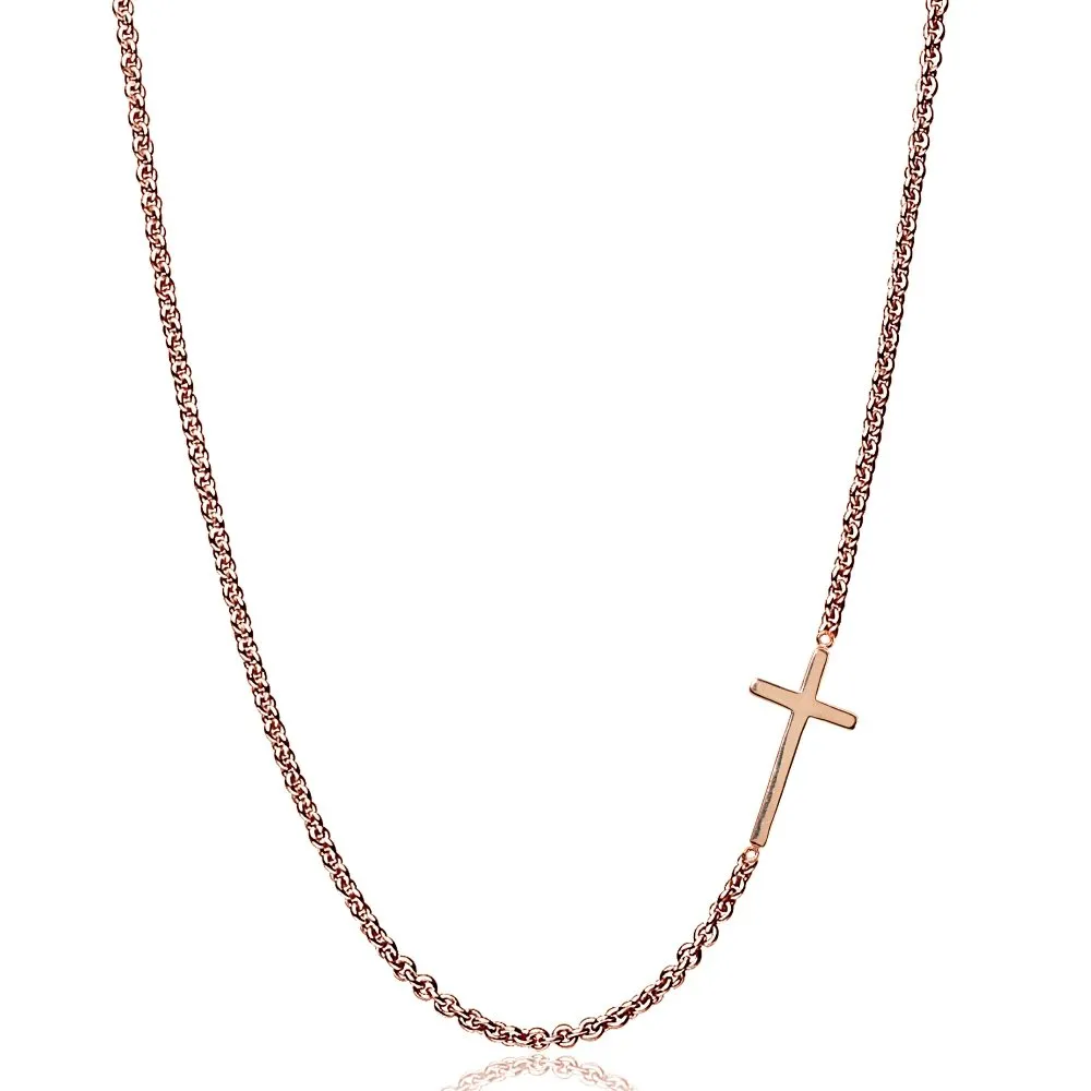 Sterling Silver Cross Sideways Chain Necklace 16' + Extender, Polished Rose Gold Flashed