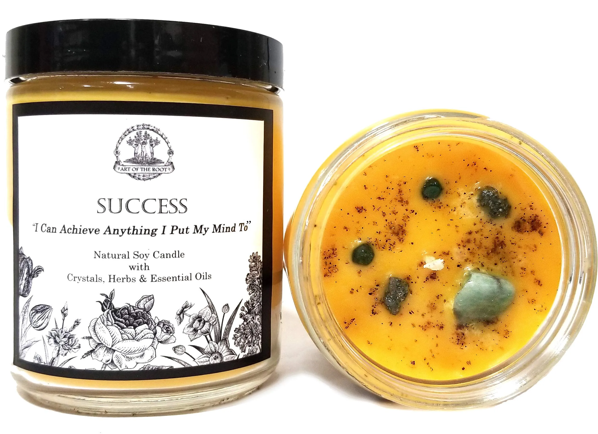 Success Affirmation Soy Candle with Raw Emeralds & Pyrite Crystals for Wiccan & Spirituality