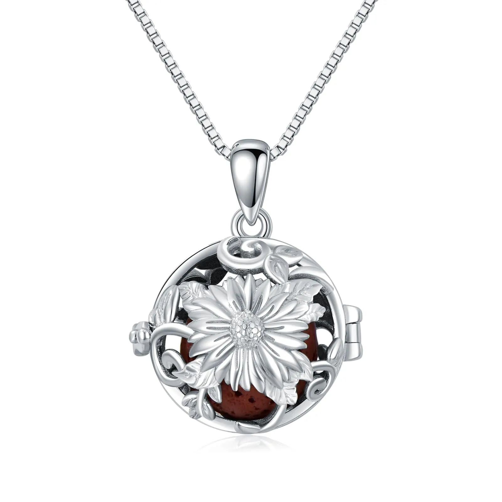 Sunflower Aromatherapy Diffuser Necklace in 925 Sterling Silver with Adjustable Chain & Lava Rocks