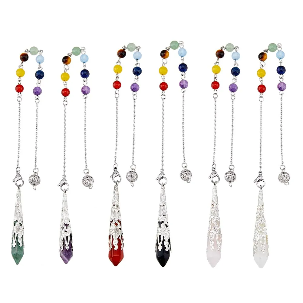 SUPERFINDINGS 6Pcs 7 Chakra Hexagon Prism Gemstone Pendulums with 304 Stainless Steel Chains