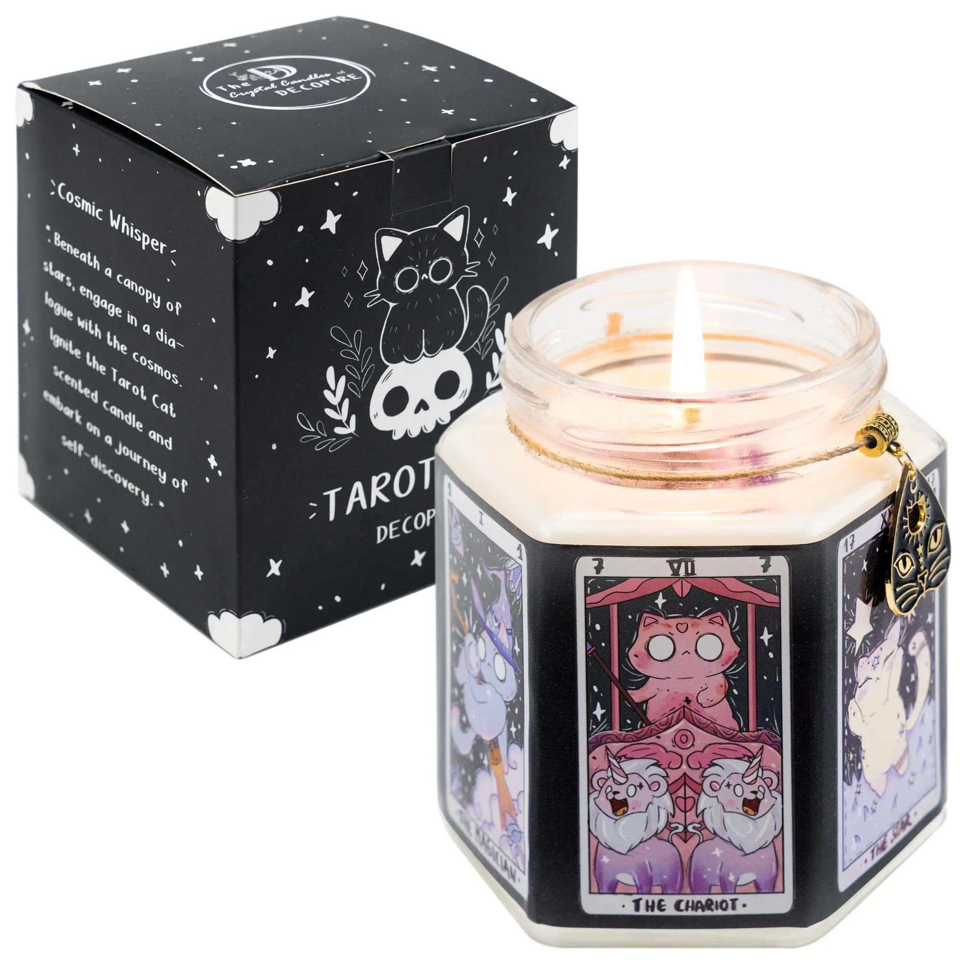 Tarot Cat Protection Crystal Candle, Amethyst & Dry Flowers, Amber & Sandalwood Scent, Unique Gift