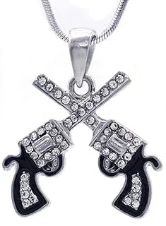 Texas Western Dual Revolver Pistol Gun Pendant Necklace with Clear Rhinestones