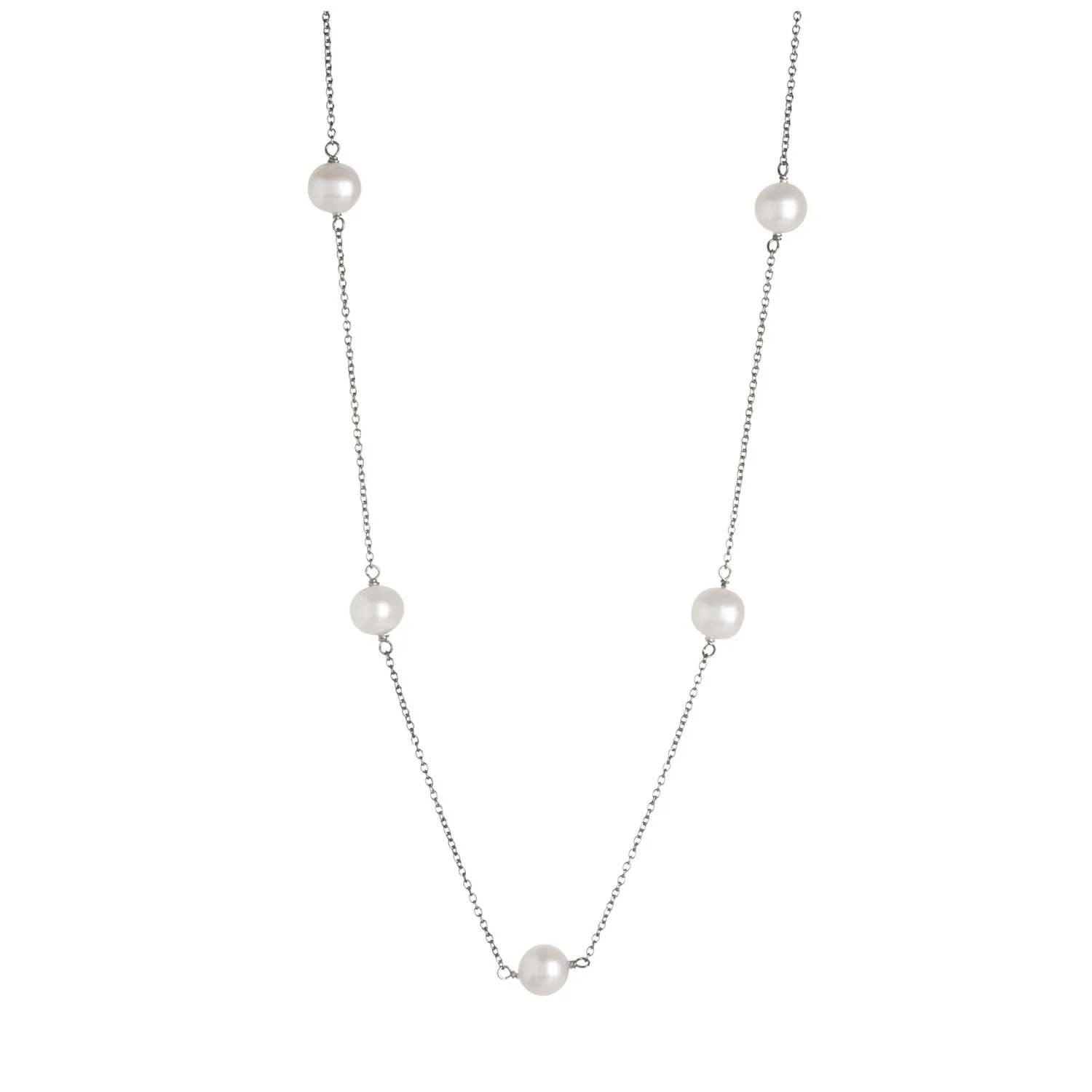 Tin Cup Station Sterling Silver 17' Necklace with 7-7.5mm Freshwater Cultured Pearls