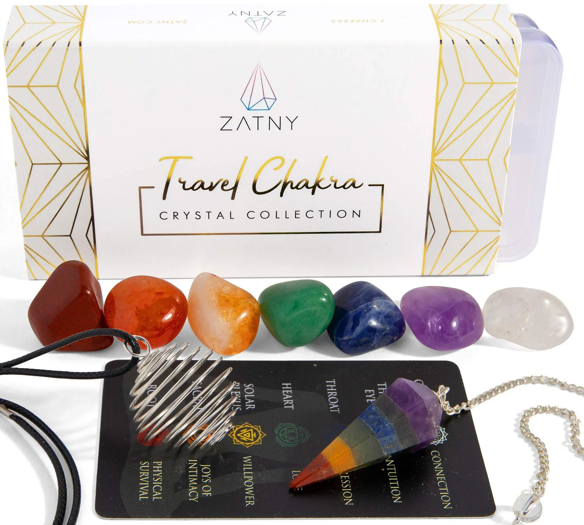 Travel Chakra Crystals Collection - 7 Tumbled Stones, Pendulum, Cage Necklace, Case & Card