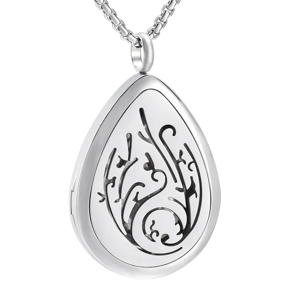 Tree of Life Stainless Steel Teardrop Aromatherapy Essential Oil Diffuser Necklace in Silver