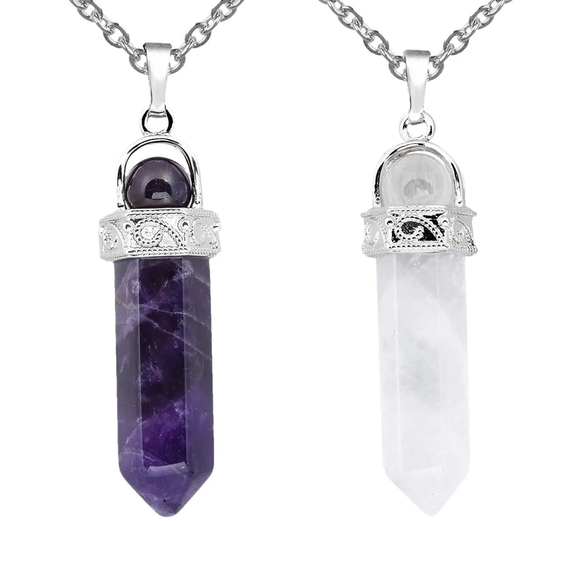 TUMBEELLUWA 2 PCS Healing Crystal Point Pendant Necklaces Unisex Hexagonal Amethyst & Rock Crystal