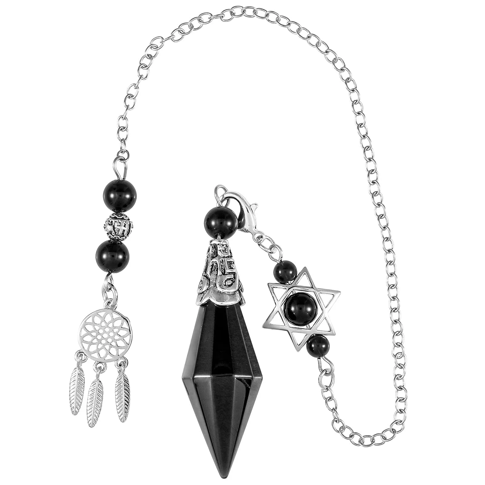 TUMBEELLUWA Black Obsidian Reiki Healing Crystal Pendulum with Dream Catcher & Merkaba Star Chain