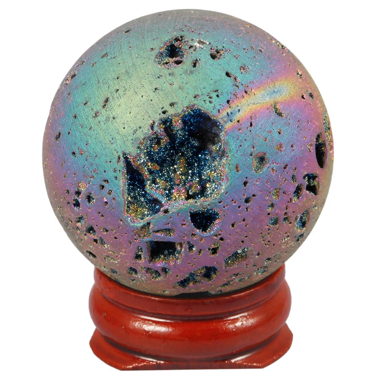 TUMBEELLUWA Titanium Coated Aura Quartz Druzy Agate Geode Sphere 1.6' with Wood Stand