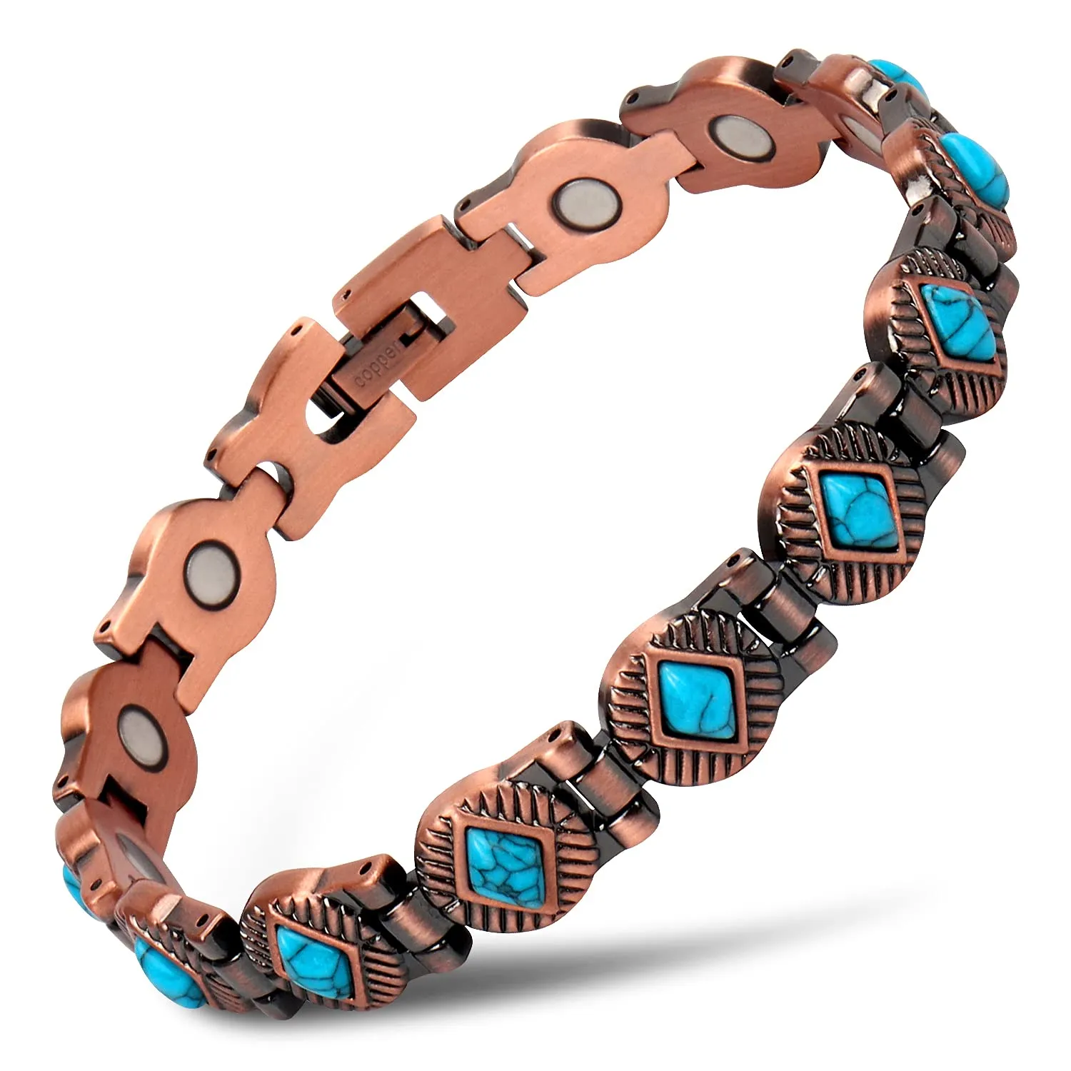 Turquoise Pure Copper Magnetic Therapy Bracelet for Women, Adjustable, Relieves Arthritis Pain