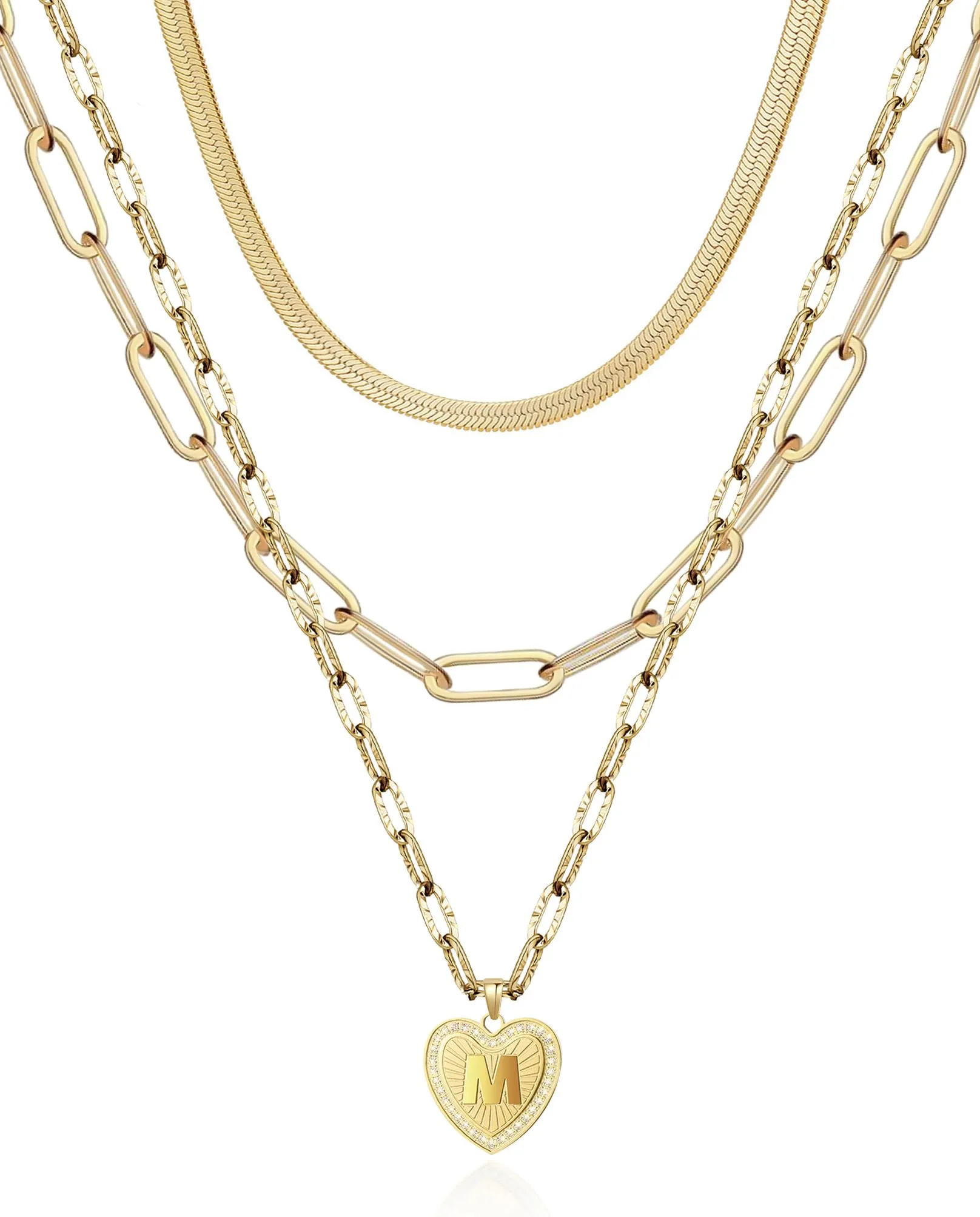 Unique Women's 18K Gold Initial Necklace Set - Customizable 3-Piece Heart & Chain Jewelry