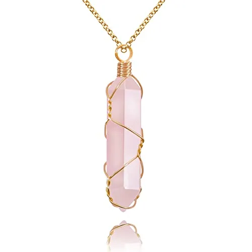 VIBILIA Rose Quartz Healing Crystal Necklace Hexagonal Pendant Jewelry for Women & Men