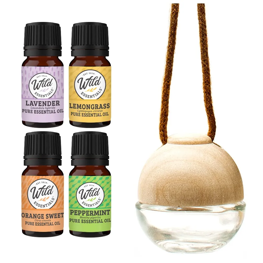 Wild Essentials Glass & Wood Hanging Aromatherapy Diffuser Kit with 4 Pure Essential Oils