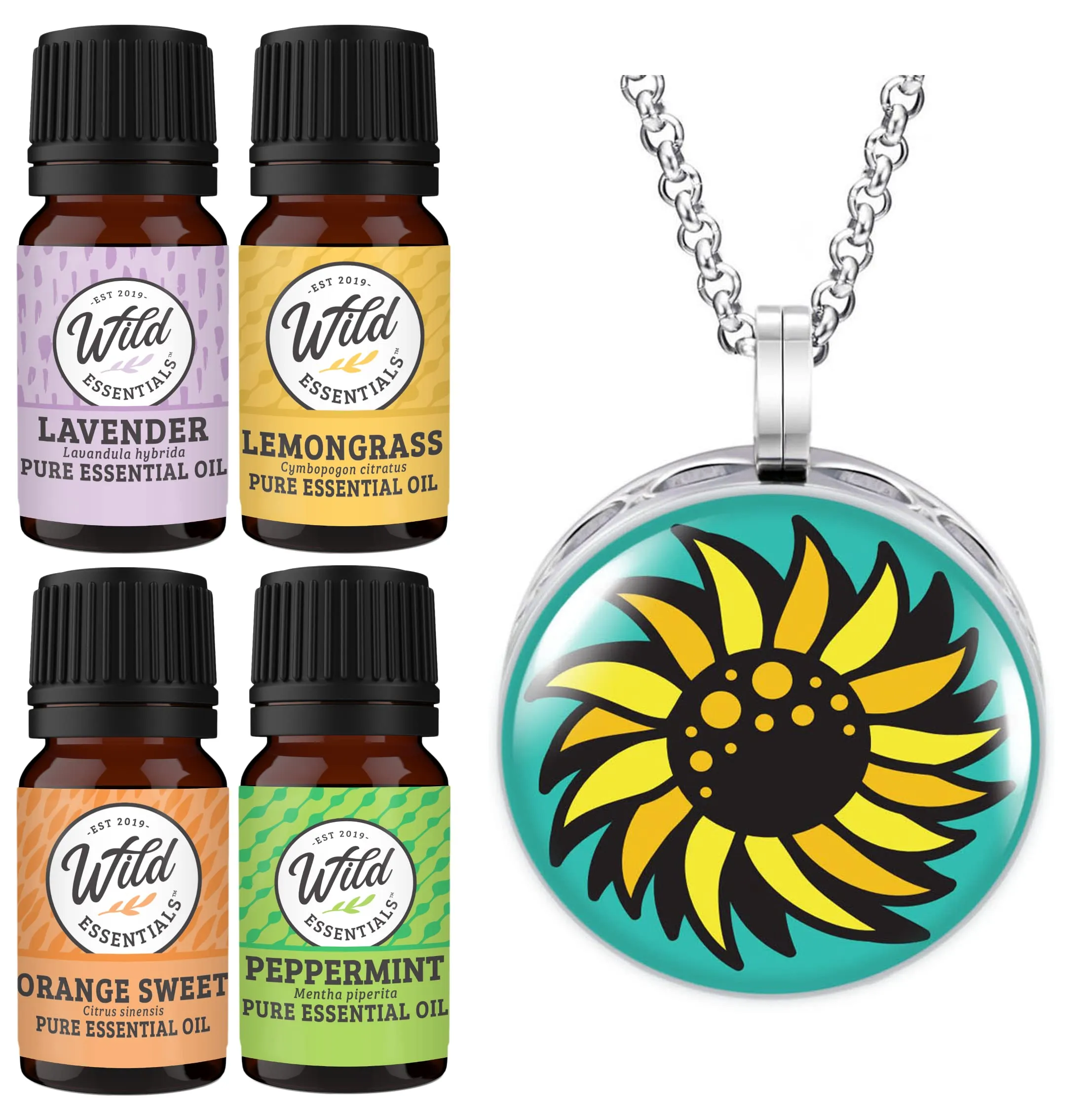 Wild Essentials Sunflower Necklace Diffuser Kit with Lavender, Lemongrass, Peppermint, Orange Oils