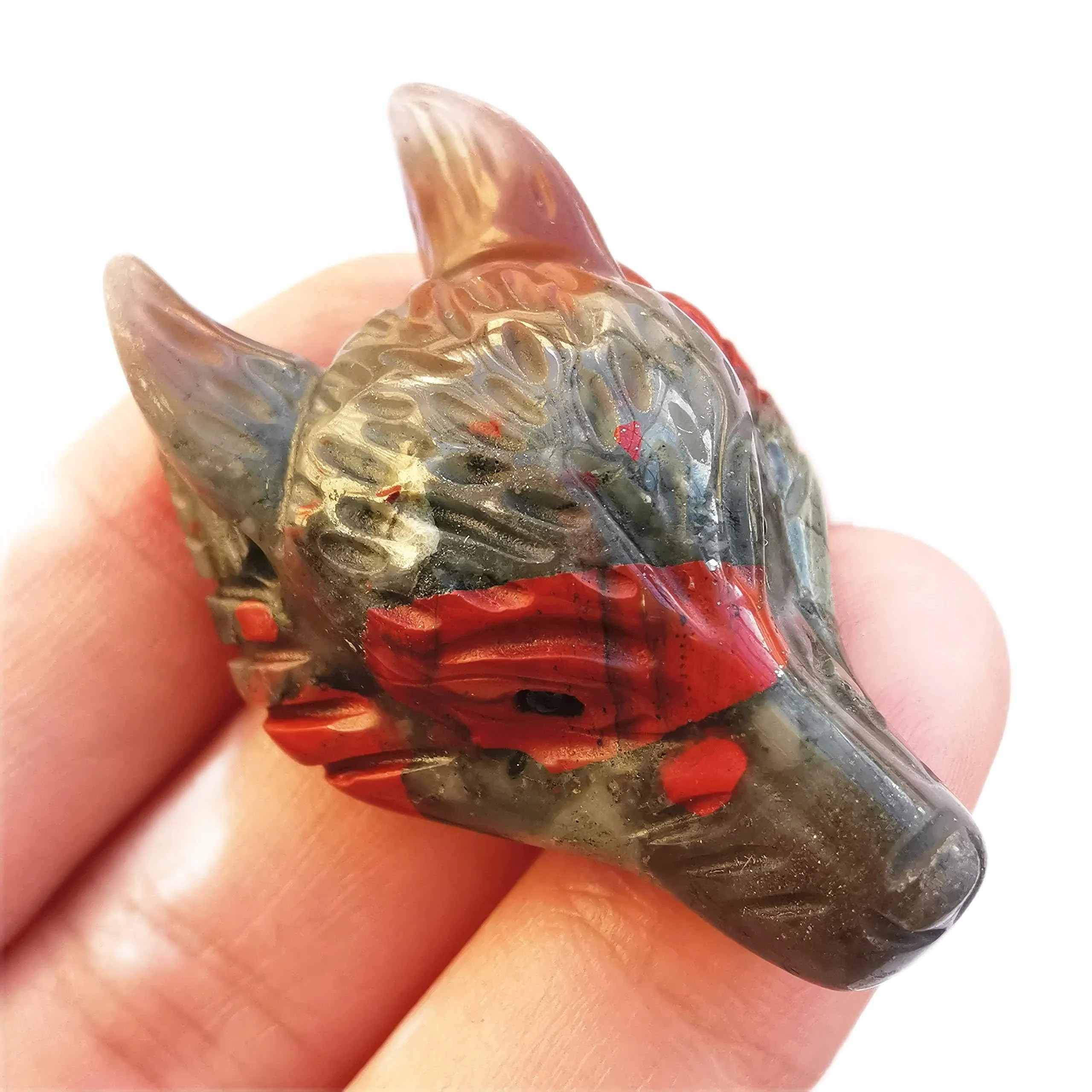 Wolf Head Pocket Crystals Healing Stone Figurine 1.57 Inches Unique Handcrafted Jewelry Pendant