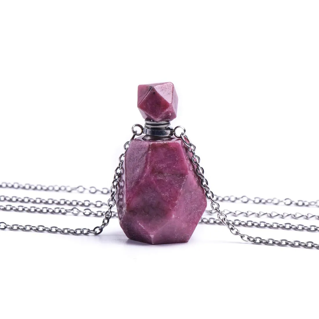 Women Long Necklace Natural Crystal Gemstone Essential Oil Diffuser Pendant - Rhodonite Jewelry