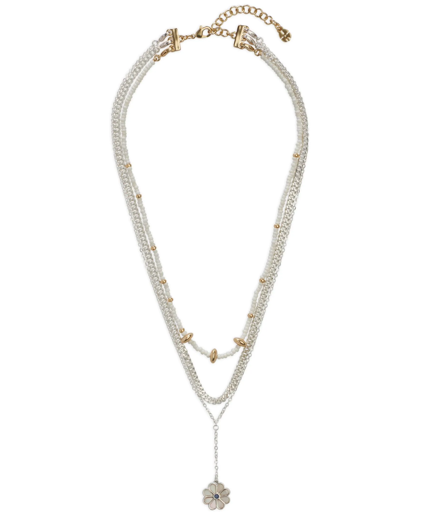 Women's Inlay Daisy Beaded Layer Necklace - Gold & Silver-Tone, Adjustable 15.25'-18.25'