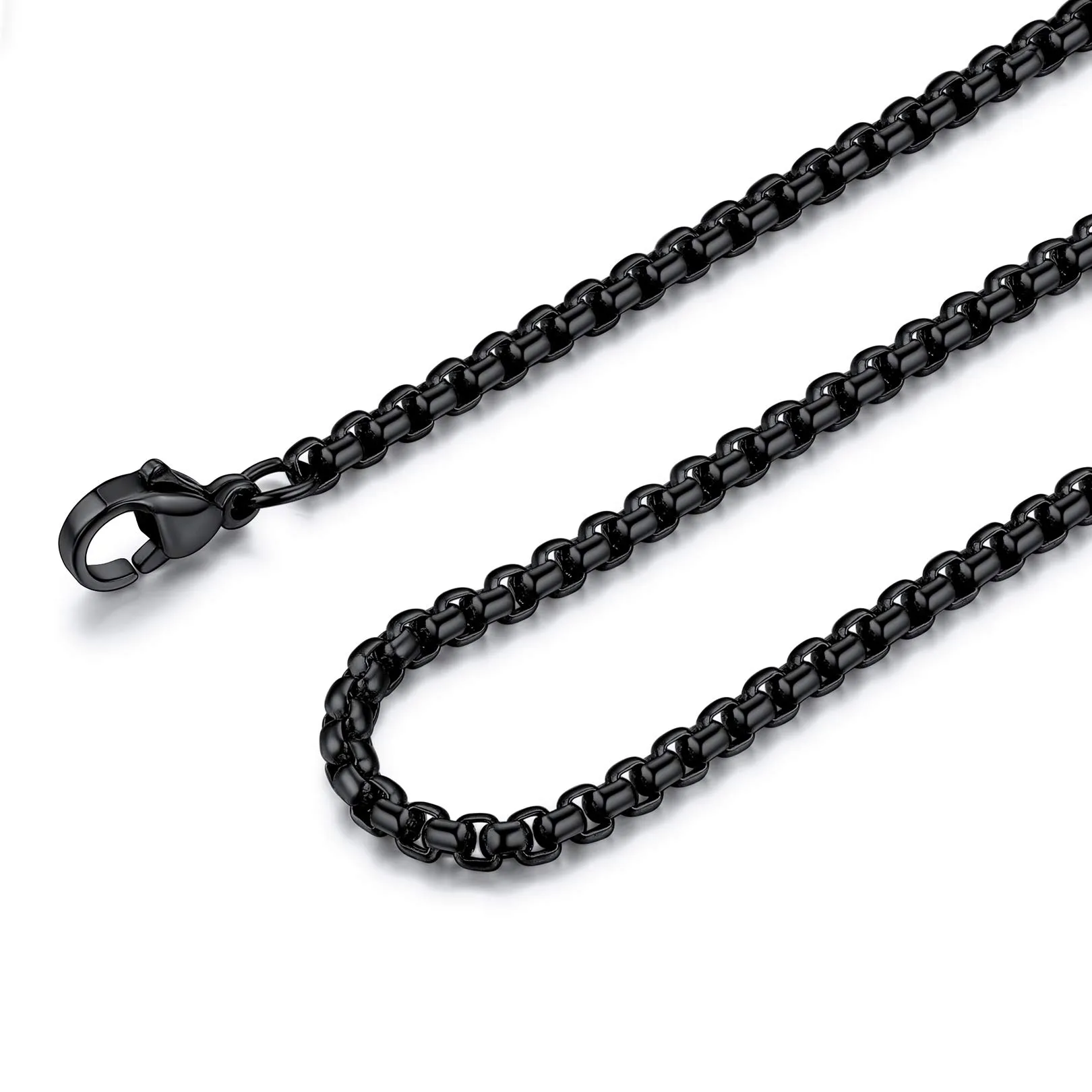 Womens Mens 3MM Box Rope Necklace, 316L Stainless Steel/Black/Gold Plated, 18-32' Customizable